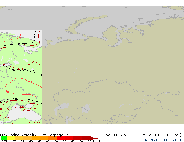 Max. wind velocity Arpege-eu Sa 04.05.2024 09 UTC
