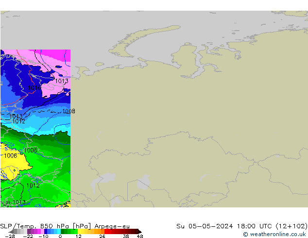 SLP/Temp. 850 гПа Arpege-eu Вс 05.05.2024 18 UTC