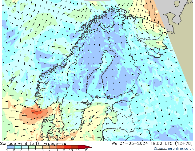 Surface wind (bft) Arpege-eu We 01.05.2024 18 UTC