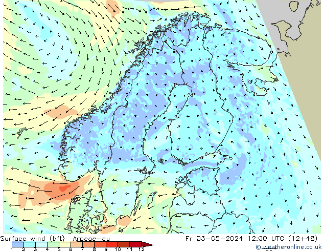 Surface wind (bft) Arpege-eu Fr 03.05.2024 12 UTC