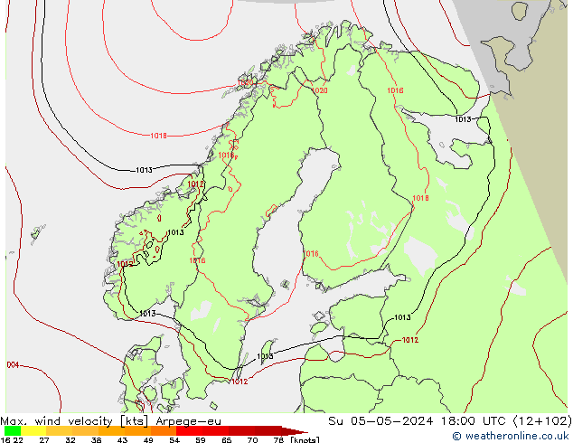 Max. wind snelheid Arpege-eu zo 05.05.2024 18 UTC