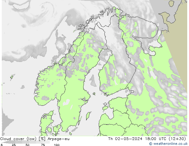Cloud cover (low) Arpege-eu Th 02.05.2024 18 UTC