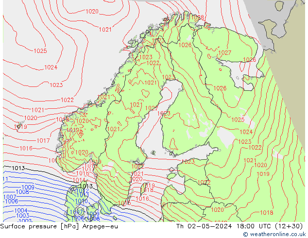 Surface pressure Arpege-eu Th 02.05.2024 18 UTC