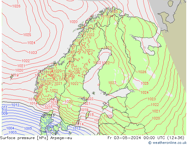 Pressione al suolo Arpege-eu ven 03.05.2024 00 UTC