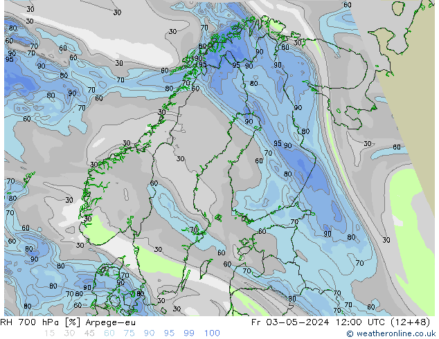 RH 700 hPa Arpege-eu Pá 03.05.2024 12 UTC