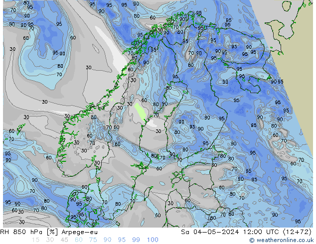 RH 850 hPa Arpege-eu Sáb 04.05.2024 12 UTC