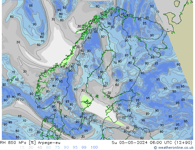 RH 850 гПа Arpege-eu Вс 05.05.2024 06 UTC