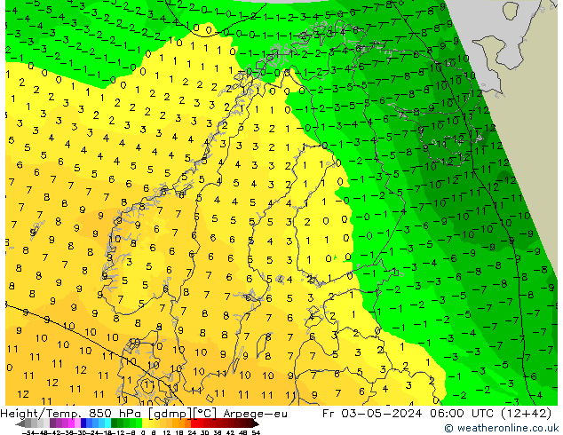 Height/Temp. 850 hPa Arpege-eu Pá 03.05.2024 06 UTC