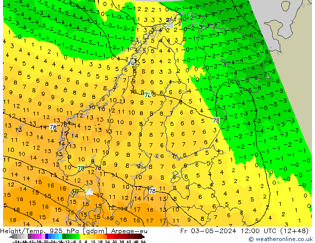 Height/Temp. 925 hPa Arpege-eu Fr 03.05.2024 12 UTC