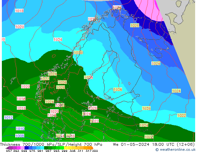 Thck 700-1000 hPa Arpege-eu mer 01.05.2024 18 UTC