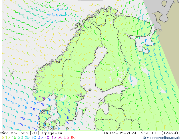 Wind 850 hPa Arpege-eu Čt 02.05.2024 12 UTC