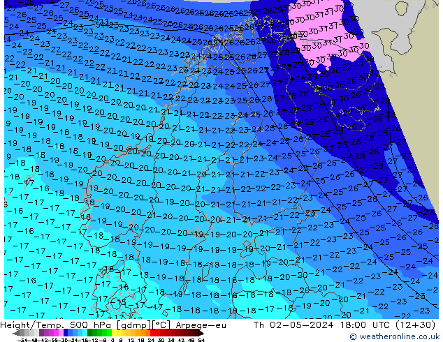 Height/Temp. 500 hPa Arpege-eu gio 02.05.2024 18 UTC