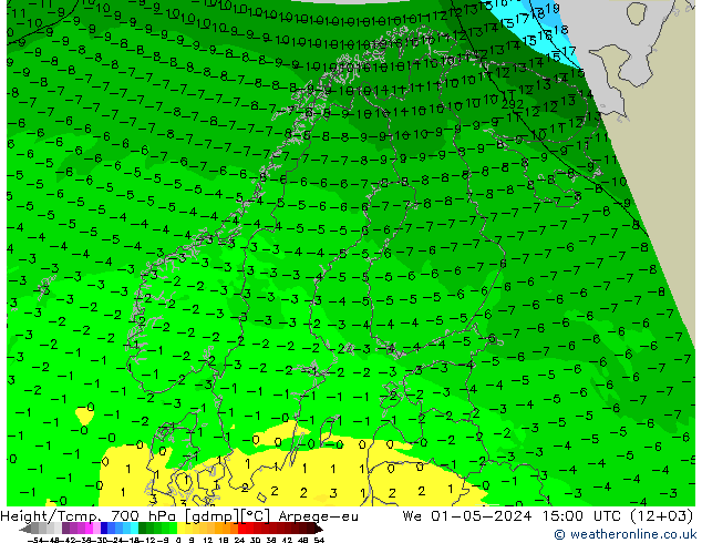 Yükseklik/Sıc. 700 hPa Arpege-eu Çar 01.05.2024 15 UTC