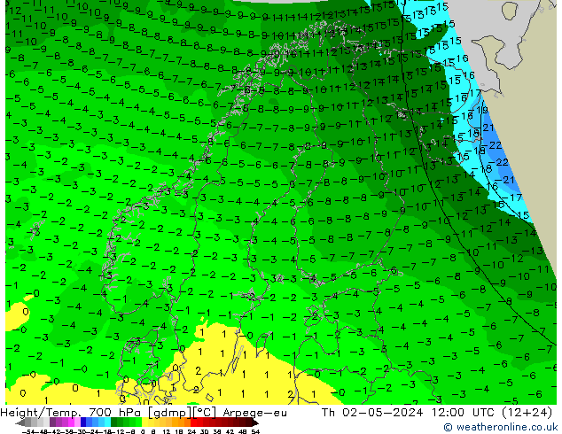 Height/Temp. 700 hPa Arpege-eu Th 02.05.2024 12 UTC