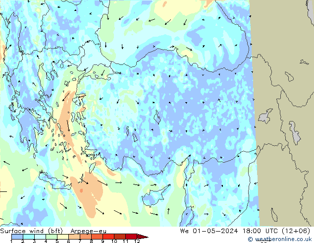 Viento 10 m (bft) Arpege-eu mié 01.05.2024 18 UTC