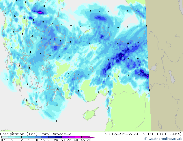 Totale neerslag (12h) Arpege-eu zo 05.05.2024 00 UTC