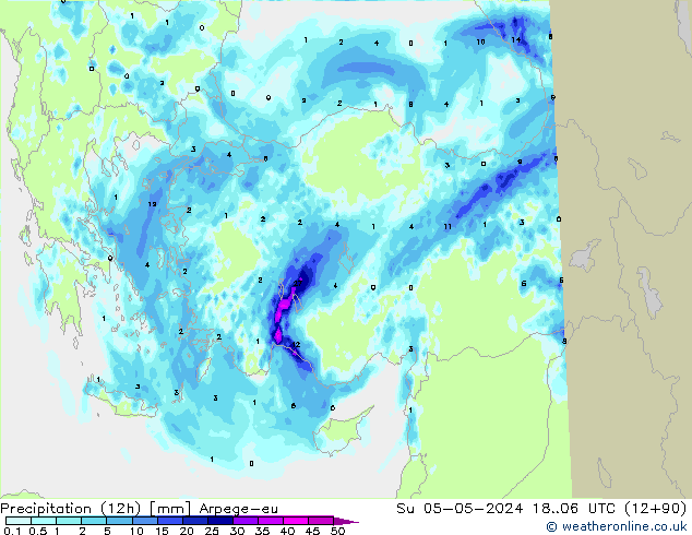 Precipitazione (12h) Arpege-eu dom 05.05.2024 06 UTC