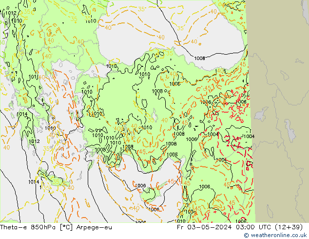 Theta-e 850hPa Arpege-eu ven 03.05.2024 03 UTC