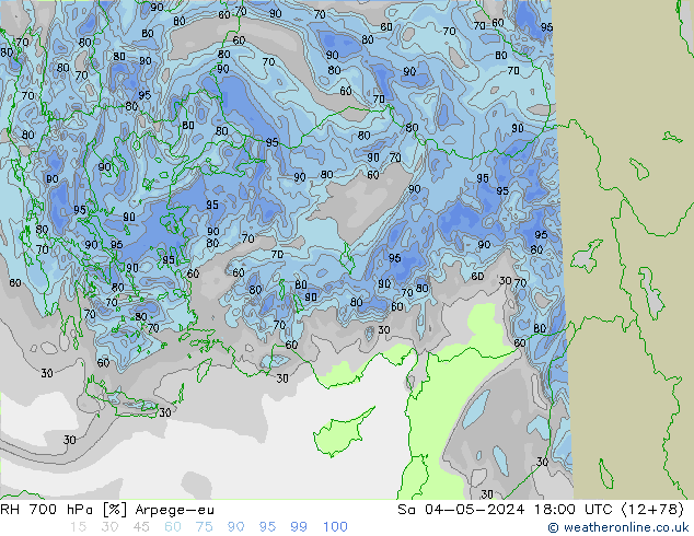 RH 700 hPa Arpege-eu Sáb 04.05.2024 18 UTC