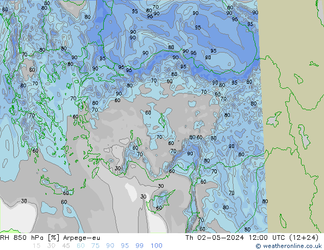 RH 850 hPa Arpege-eu Th 02.05.2024 12 UTC