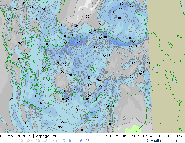 Humidité rel. 850 hPa Arpege-eu dim 05.05.2024 12 UTC