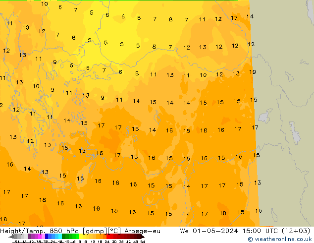 Yükseklik/Sıc. 850 hPa Arpege-eu Çar 01.05.2024 15 UTC