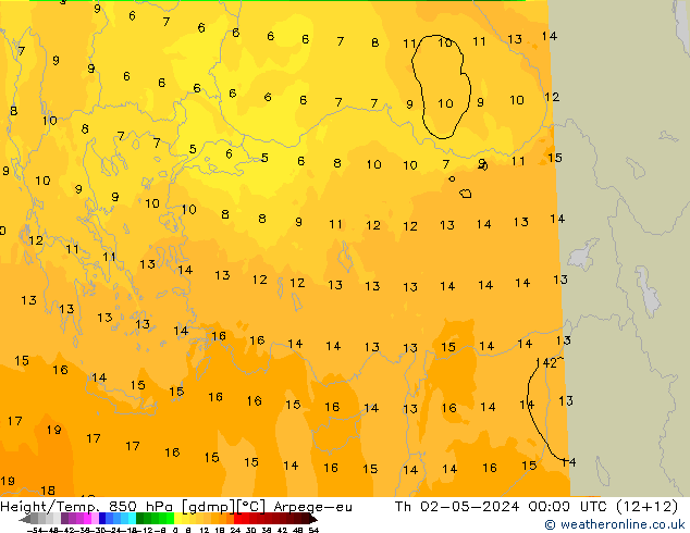 Height/Temp. 850 hPa Arpege-eu Th 02.05.2024 00 UTC