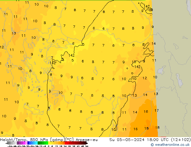 Yükseklik/Sıc. 850 hPa Arpege-eu Paz 05.05.2024 18 UTC