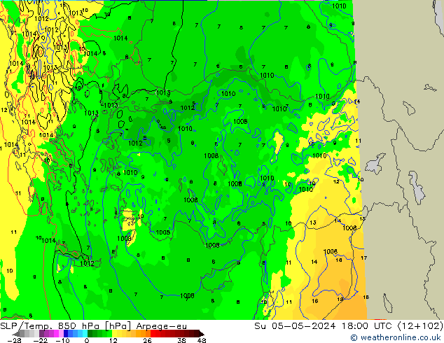 850 hPa Yer Bas./Sıc Arpege-eu Paz 05.05.2024 18 UTC