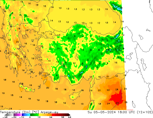 Temperatura (2m) Arpege-eu dom 05.05.2024 18 UTC