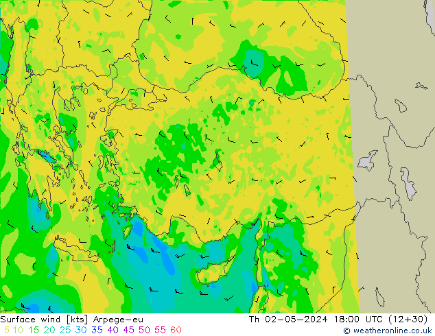 Vento 10 m Arpege-eu Qui 02.05.2024 18 UTC