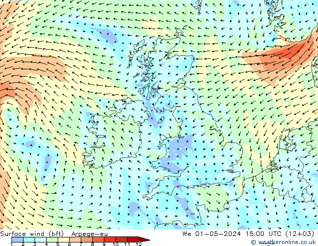 Vento 10 m (bft) Arpege-eu mer 01.05.2024 15 UTC