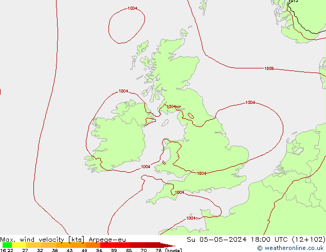 Max. wind velocity Arpege-eu Su 05.05.2024 18 UTC