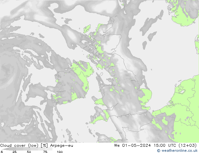 Cloud cover (low) Arpege-eu We 01.05.2024 15 UTC