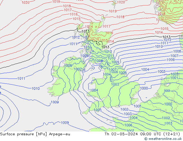 Atmosférický tlak Arpege-eu Čt 02.05.2024 09 UTC