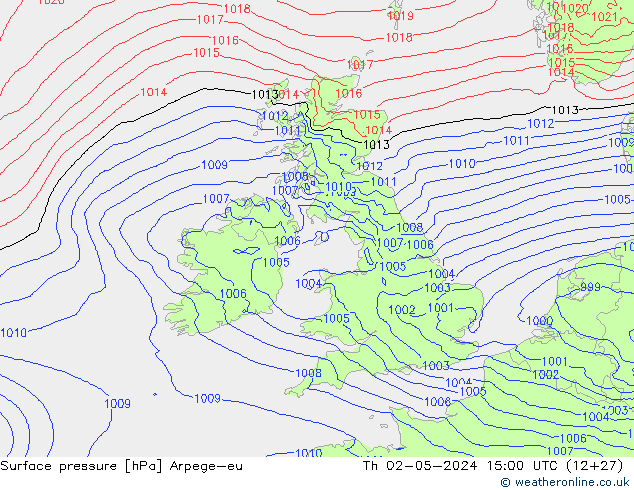 Surface pressure Arpege-eu Th 02.05.2024 15 UTC