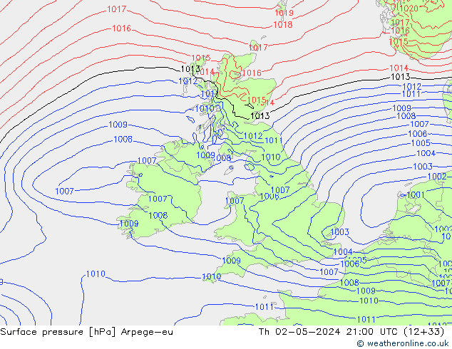 Surface pressure Arpege-eu Th 02.05.2024 21 UTC