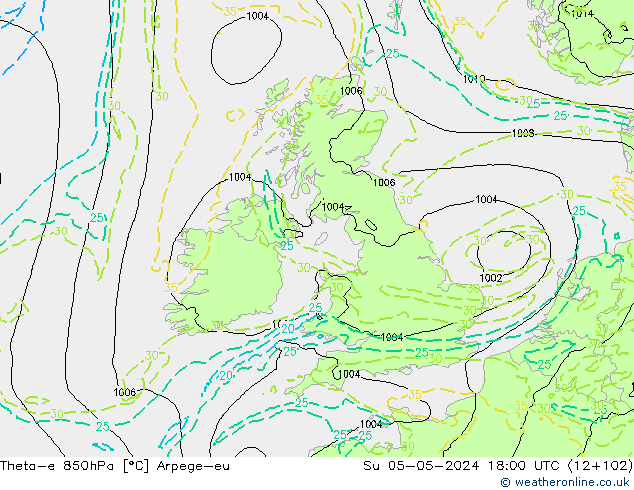 Theta-e 850hPa Arpege-eu dim 05.05.2024 18 UTC