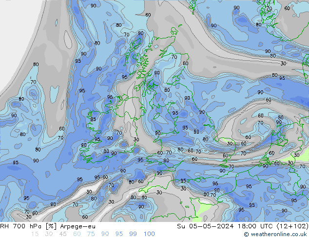 RH 700 hPa Arpege-eu dom 05.05.2024 18 UTC