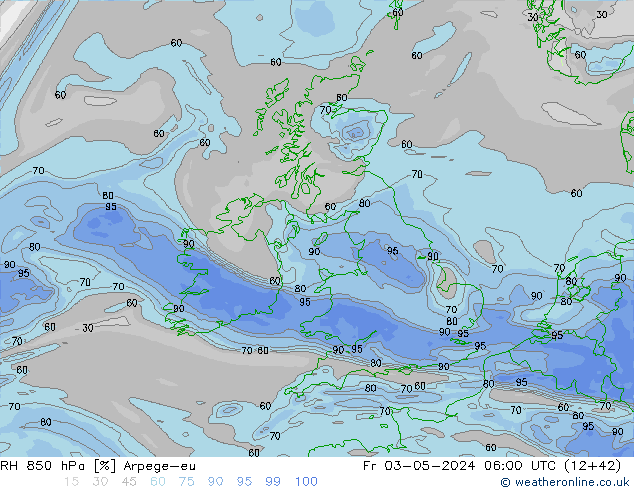 RH 850 hPa Arpege-eu Pá 03.05.2024 06 UTC