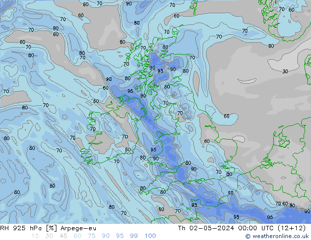 RH 925 hPa Arpege-eu czw. 02.05.2024 00 UTC