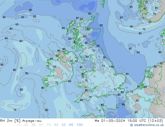 RH 2m Arpege-eu Qua 01.05.2024 15 UTC