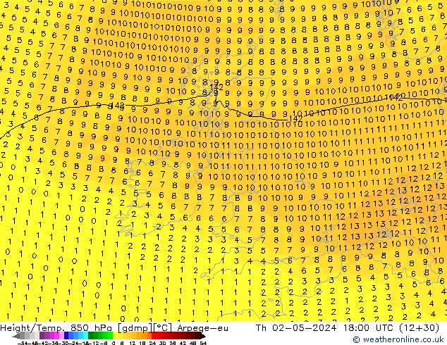 Height/Temp. 850 hPa Arpege-eu Th 02.05.2024 18 UTC