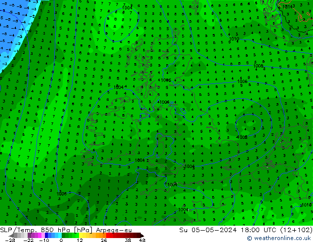 850 hPa Yer Bas./Sıc Arpege-eu Paz 05.05.2024 18 UTC