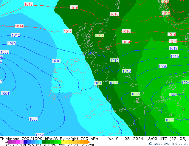 Thck 700-1000 hPa Arpege-eu We 01.05.2024 18 UTC