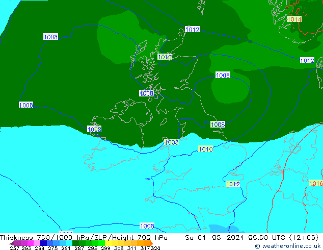 Espesor 700-1000 hPa Arpege-eu sáb 04.05.2024 06 UTC