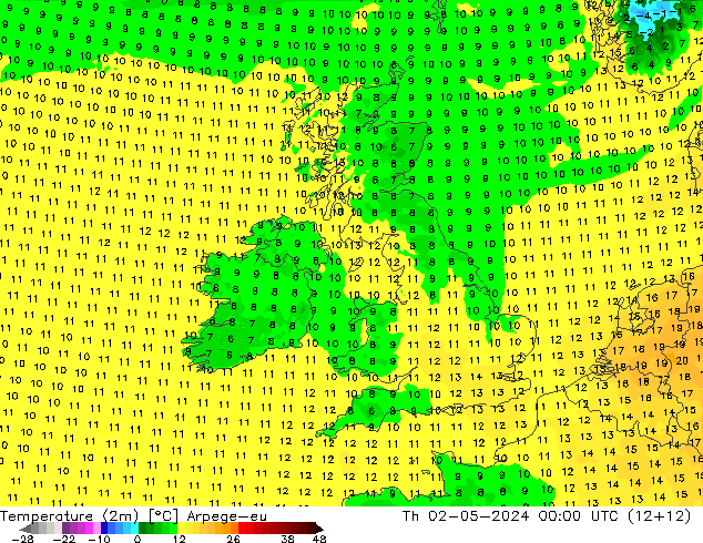 mapa temperatury (2m) Arpege-eu czw. 02.05.2024 00 UTC