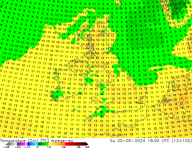 Temperatuurkaart (2m) Arpege-eu zo 05.05.2024 18 UTC