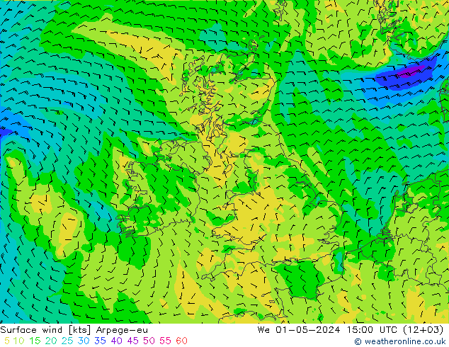 Rüzgar 10 m Arpege-eu Çar 01.05.2024 15 UTC