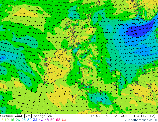 wiatr 10 m Arpege-eu czw. 02.05.2024 00 UTC